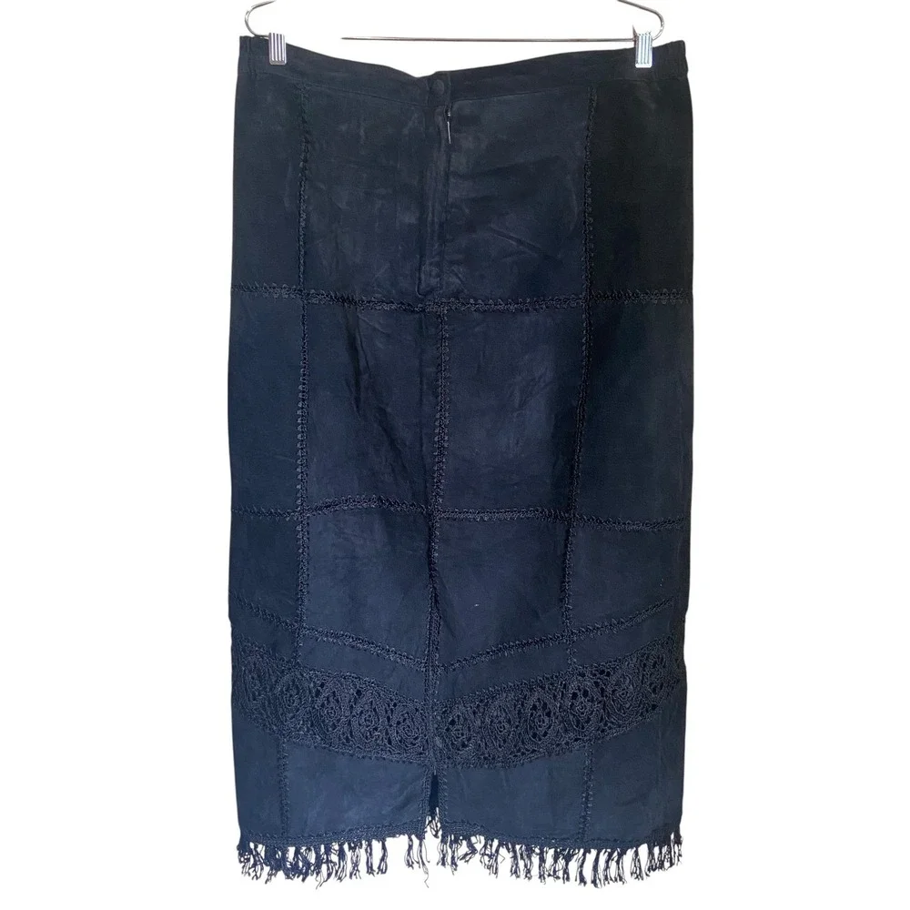 CBO New York Black‎ Leather Patchwork Maxi Skirt Crochet Fringe Hem Plus Size